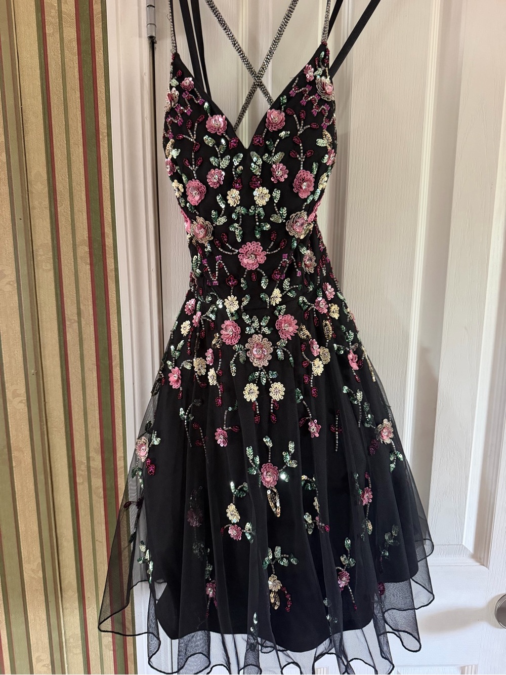 Black Floral Embroidered A-Line Dress - Pink & Green